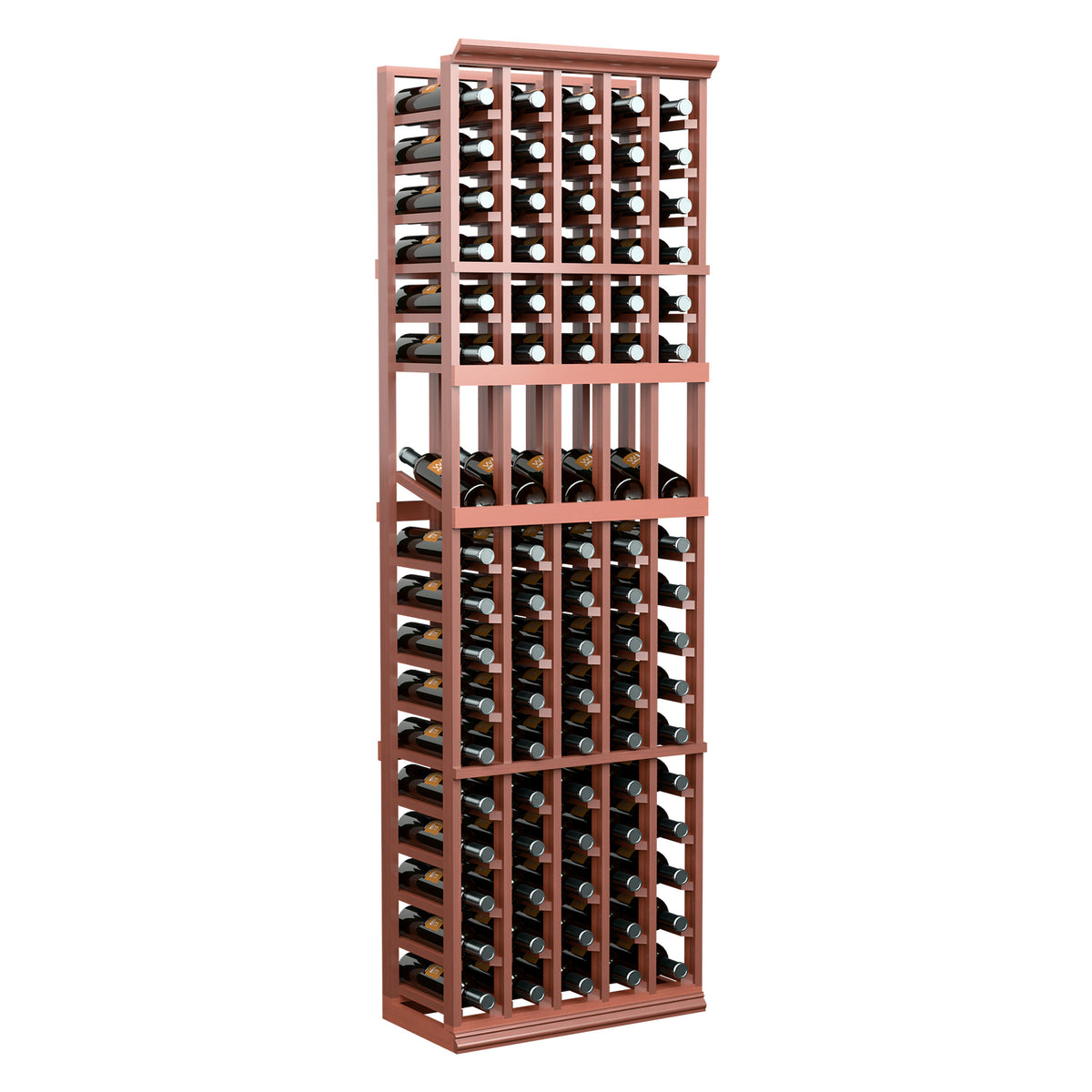 5-column wine display rack with light wood frame and stacked bottle storage rows