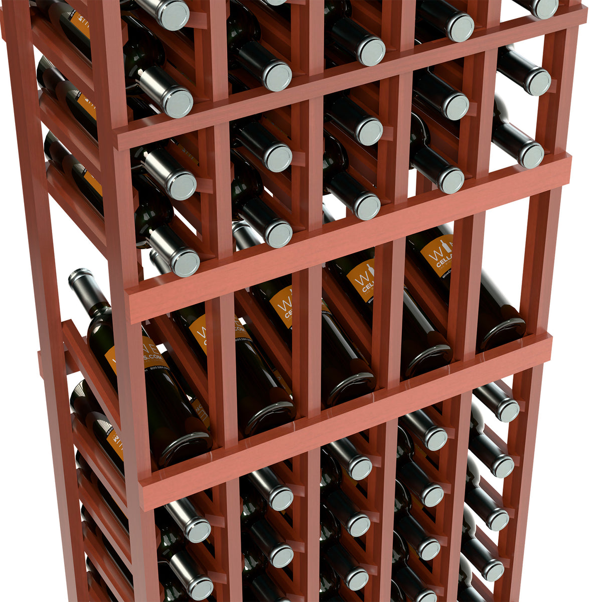 Close-up of tall 5-column wine display rack with light wood frame and bottles