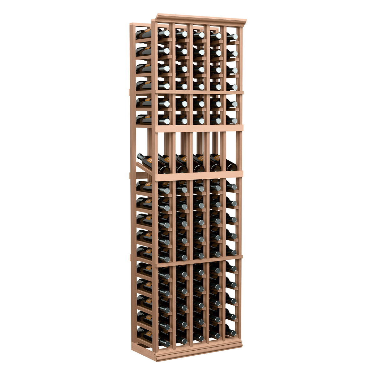 5-column wine display rack with warm tan wood frame and front bottle storage grid