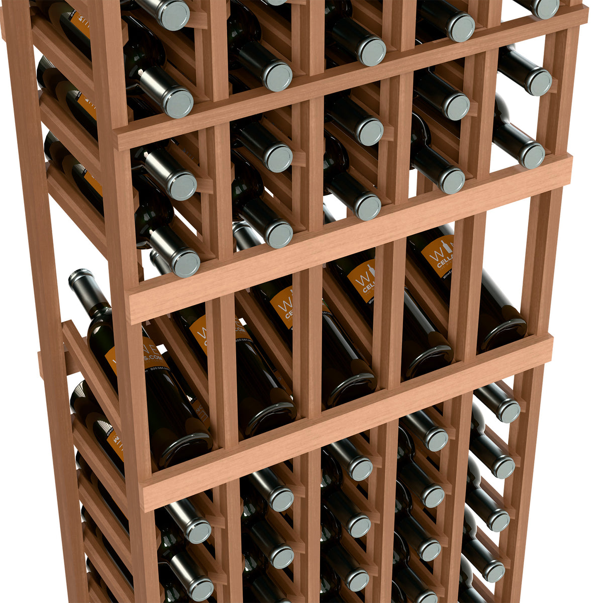 Close-up of 5-column wine display rack with tan wood frame and filled bottle slots