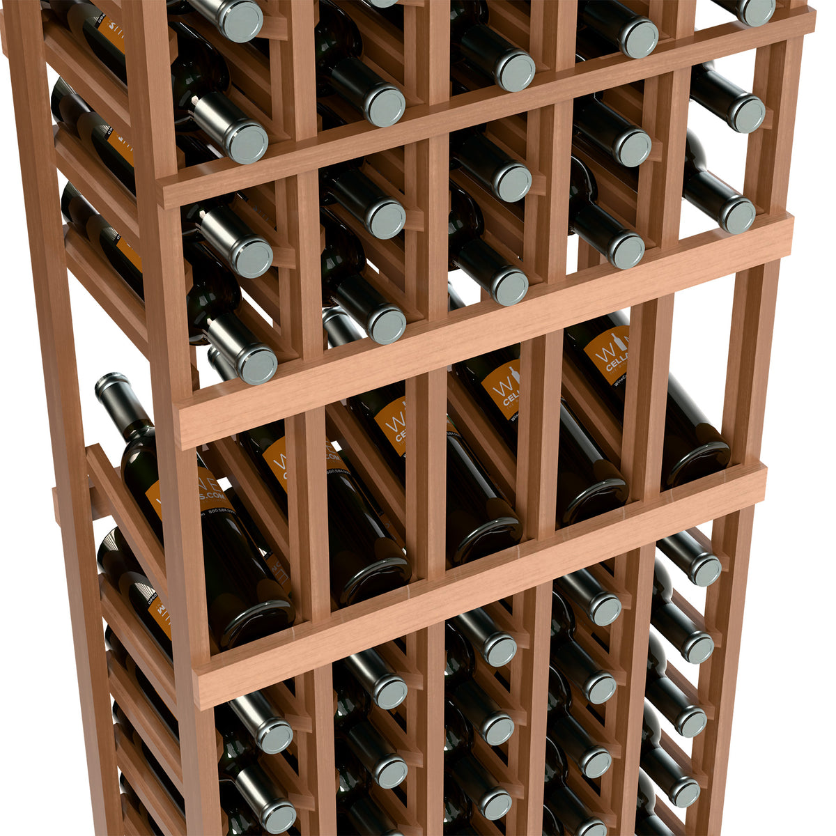Close-up of 5-column wine display rack with light wood frame and multiple bottle rows