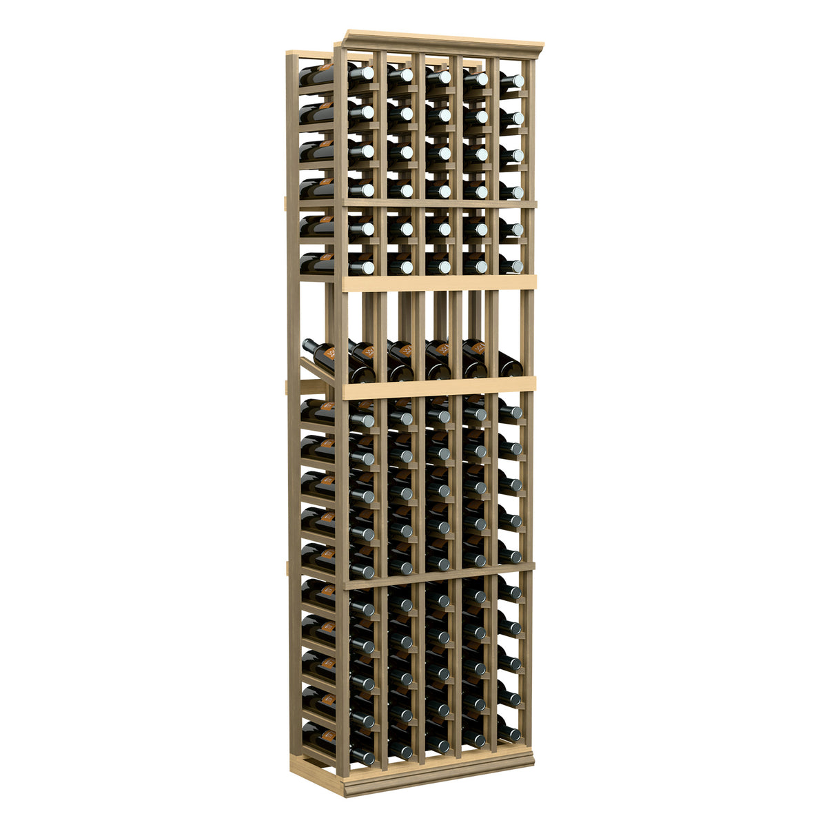 5-column wine bottle display rack, light wood frame with glass bottles