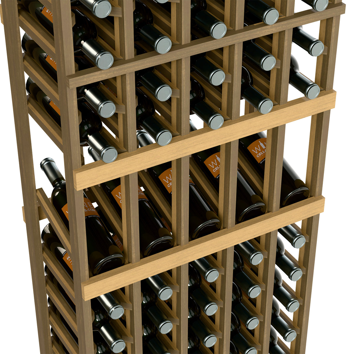 5-column wine rack close-up, light wood frame holding bottles in grid slots