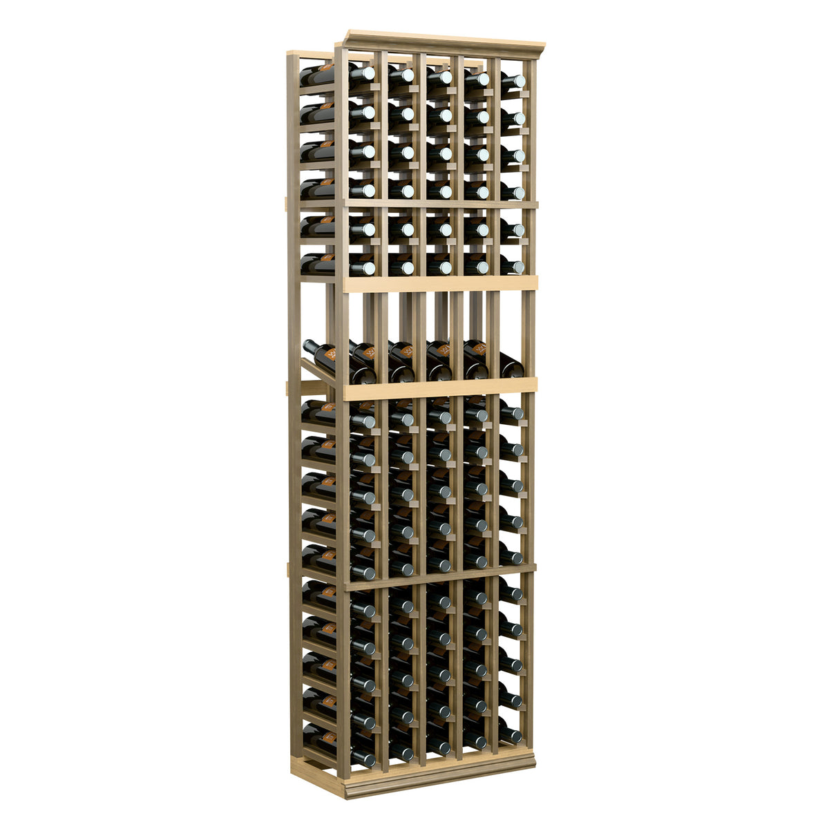 5-column wine bottle display rack, light wood frame with bottle rows