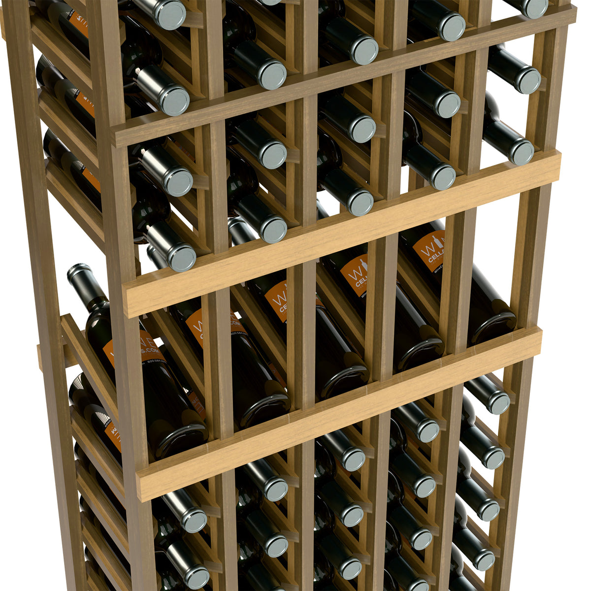 5-column wine rack close-up, light wood shelves holding wine bottles