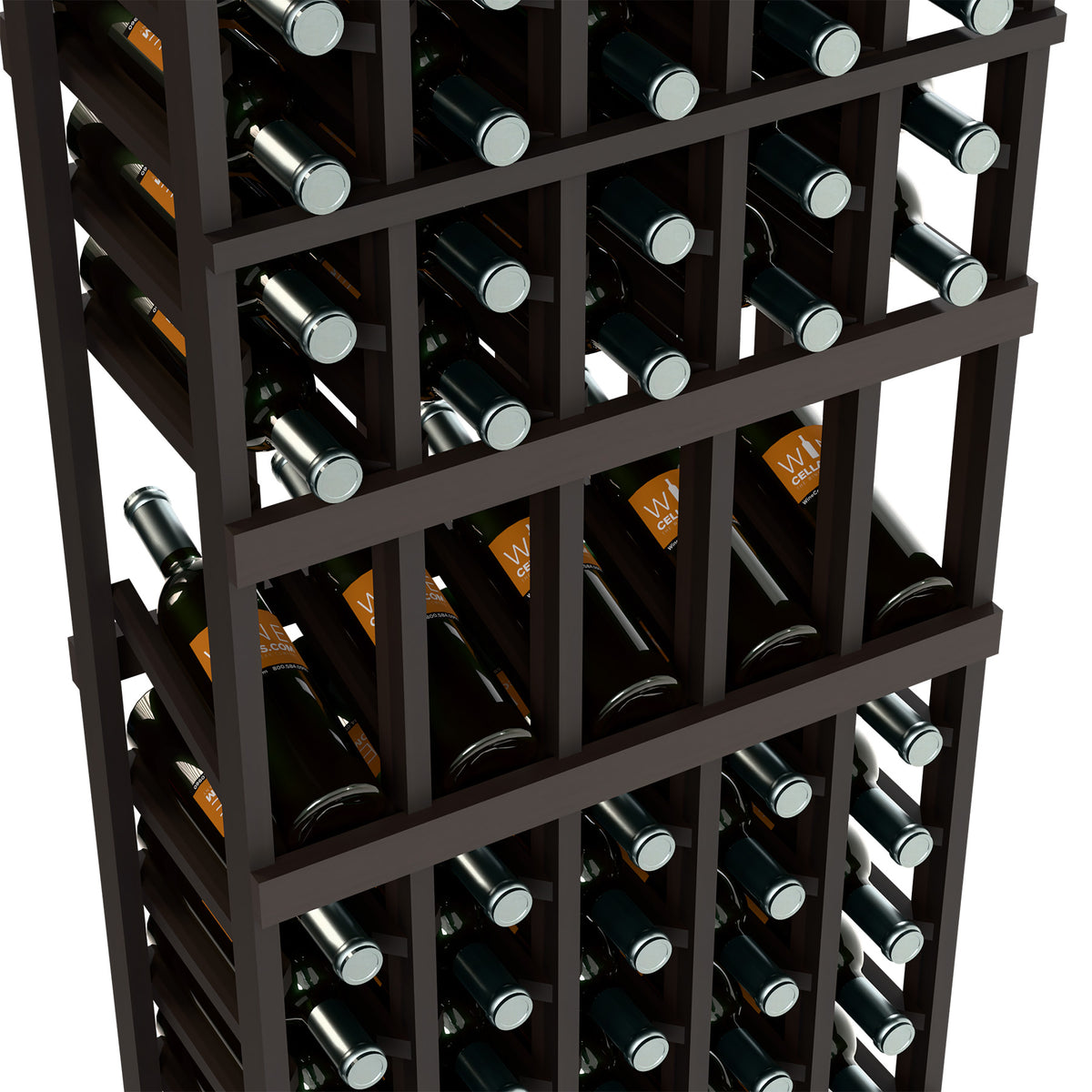 5-column wine rack close-up, dark wood frame holding bottles in grid slots