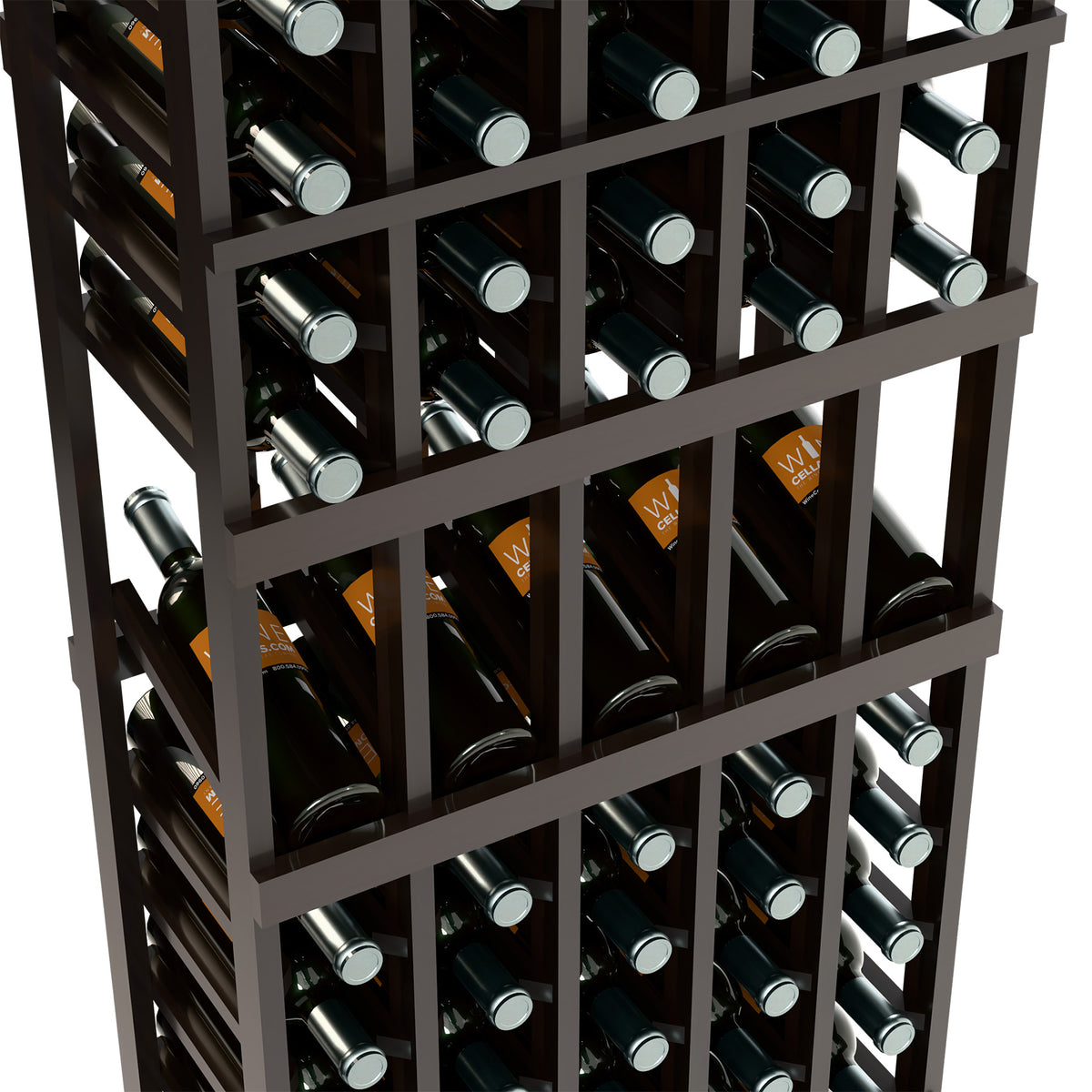 5-column wine rack close-up, dark wood shelves holding wine bottles
