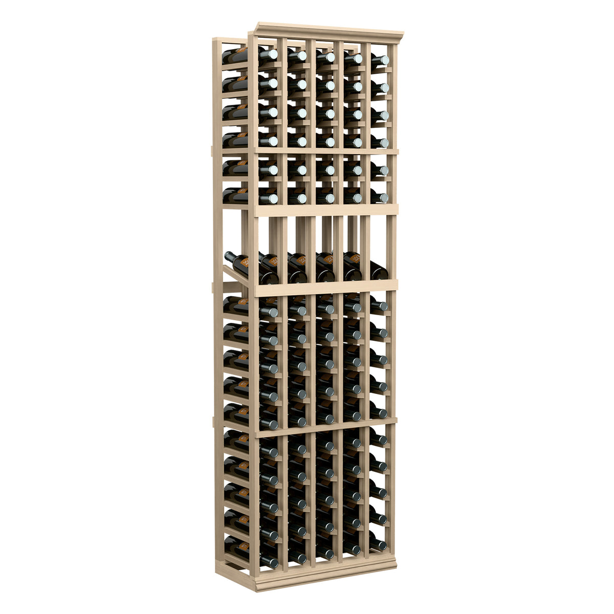 5-column wine bottle display rack, light wood frame with many wine bottles