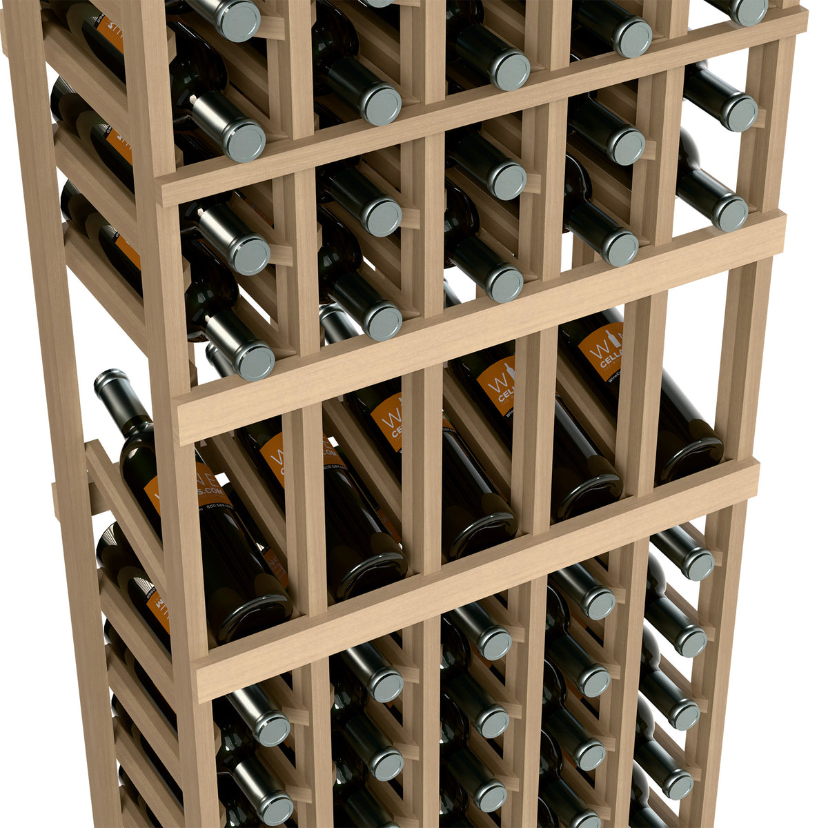 5-column wine rack close-up, light wood shelves holding wine bottles