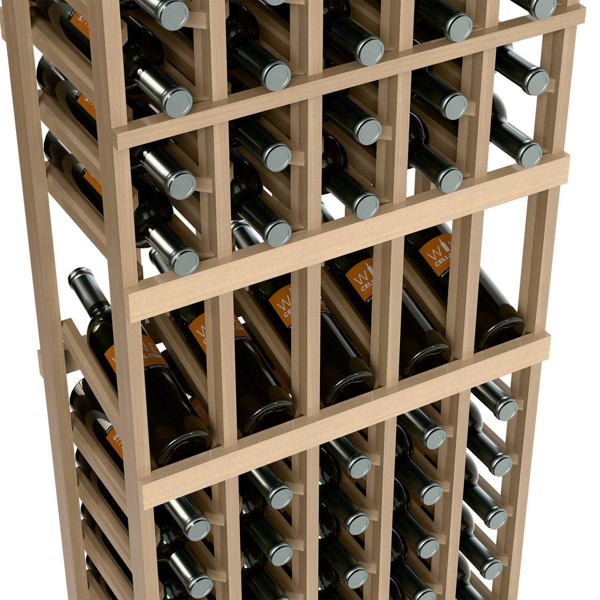 Close-up of 5-column wine rack interior with bottle slots and wooden dividers