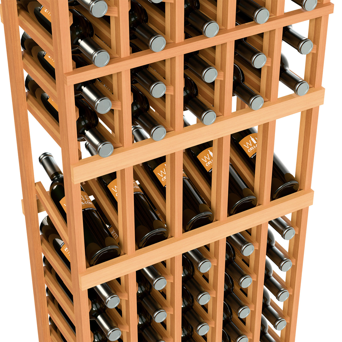 Close-up view of wine bottle slots in a 5-column rack with wooden frame