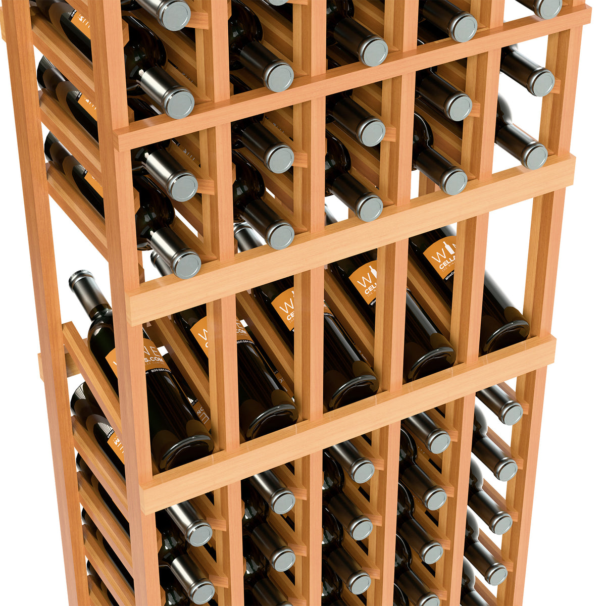 Close-up of wine bottle rack shelves showing bottle necks and metal caps
