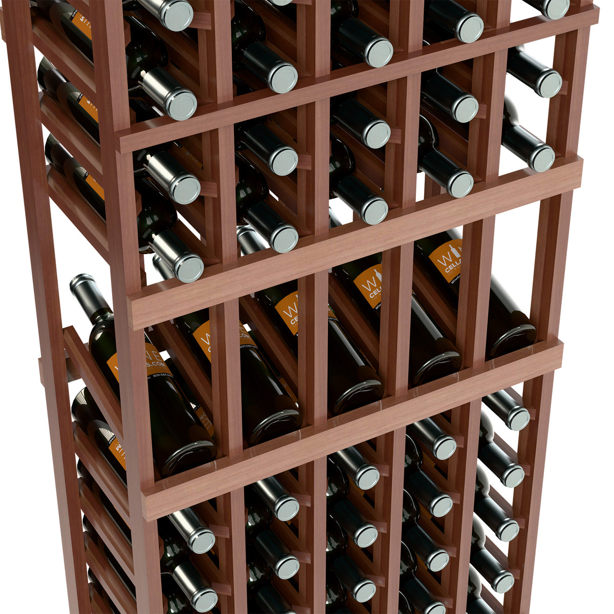 Close-up of 5-column wine rack compartments with bottles and wooden dividers