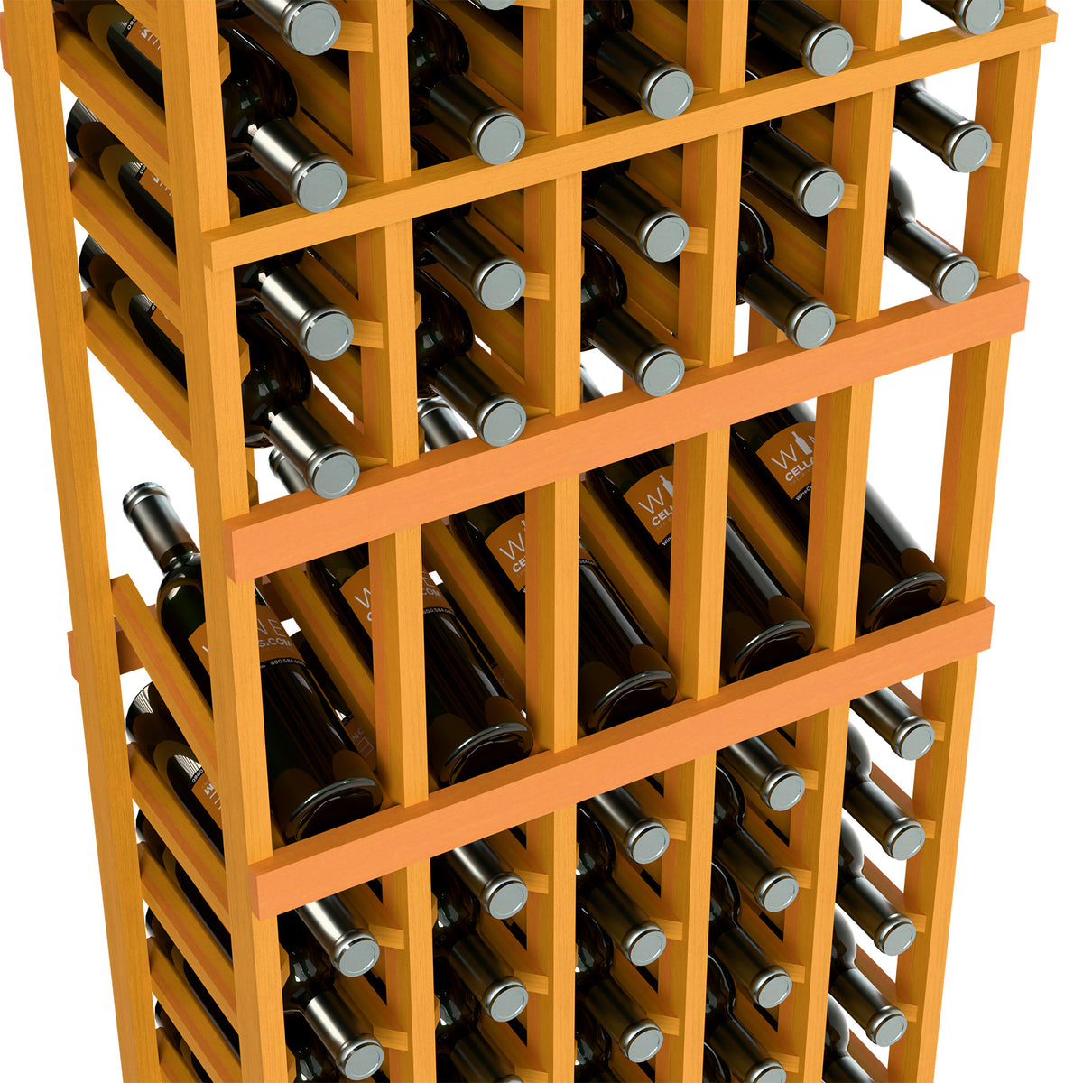 Natural wood 5-column wine bottle display rack, close-up of bottle rows