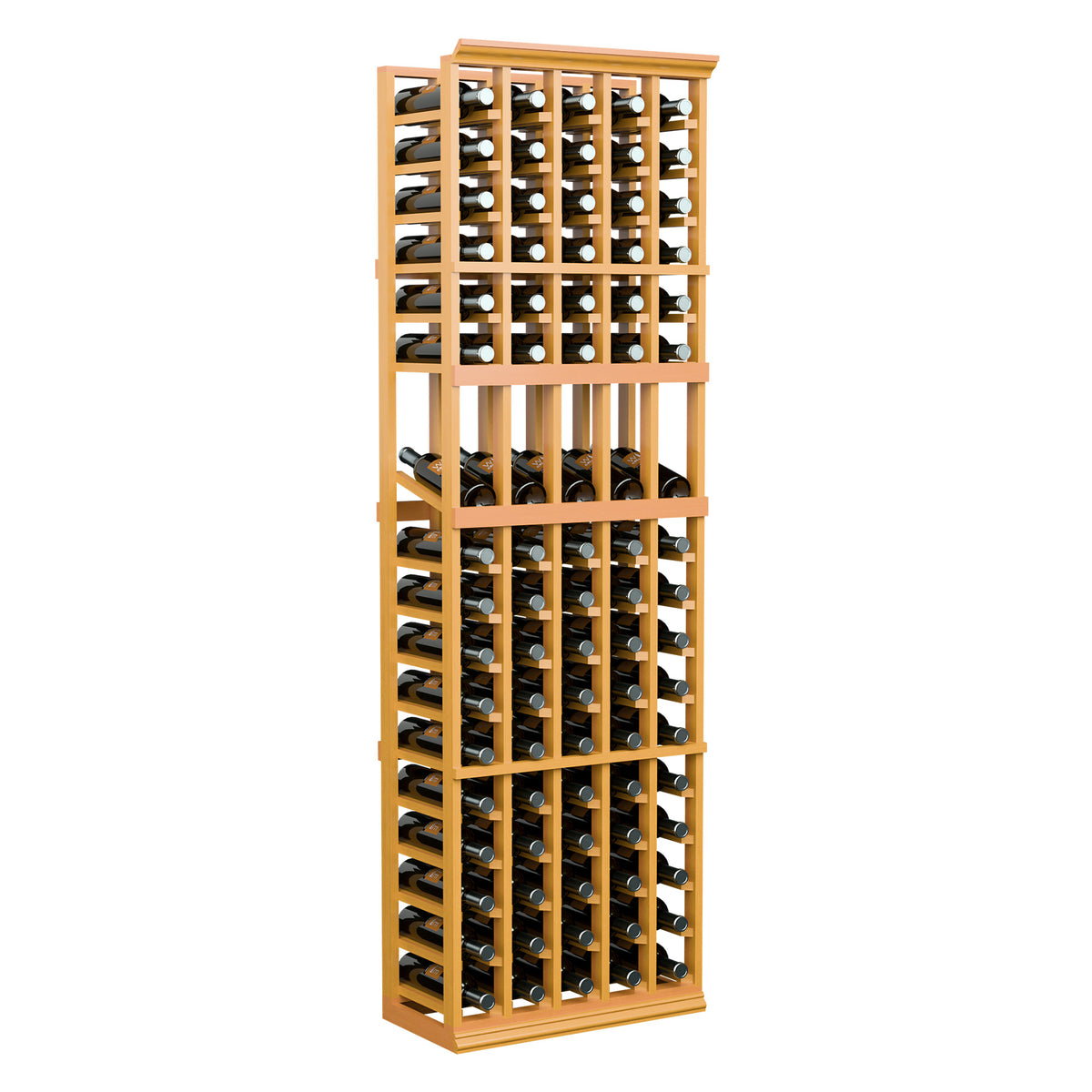 Natural wood 5-column wine bottle display rack, full height front view