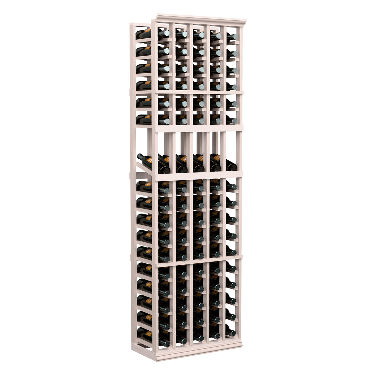 White 5-column wine bottle display rack with front rows of bottles
