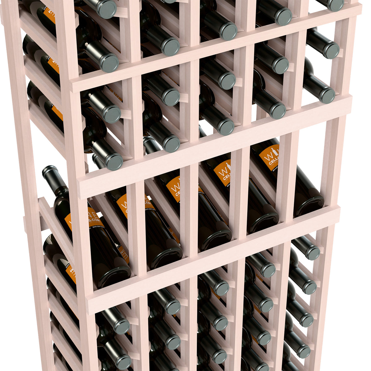 White 5-column wine bottle display rack, close-up of bottle necks