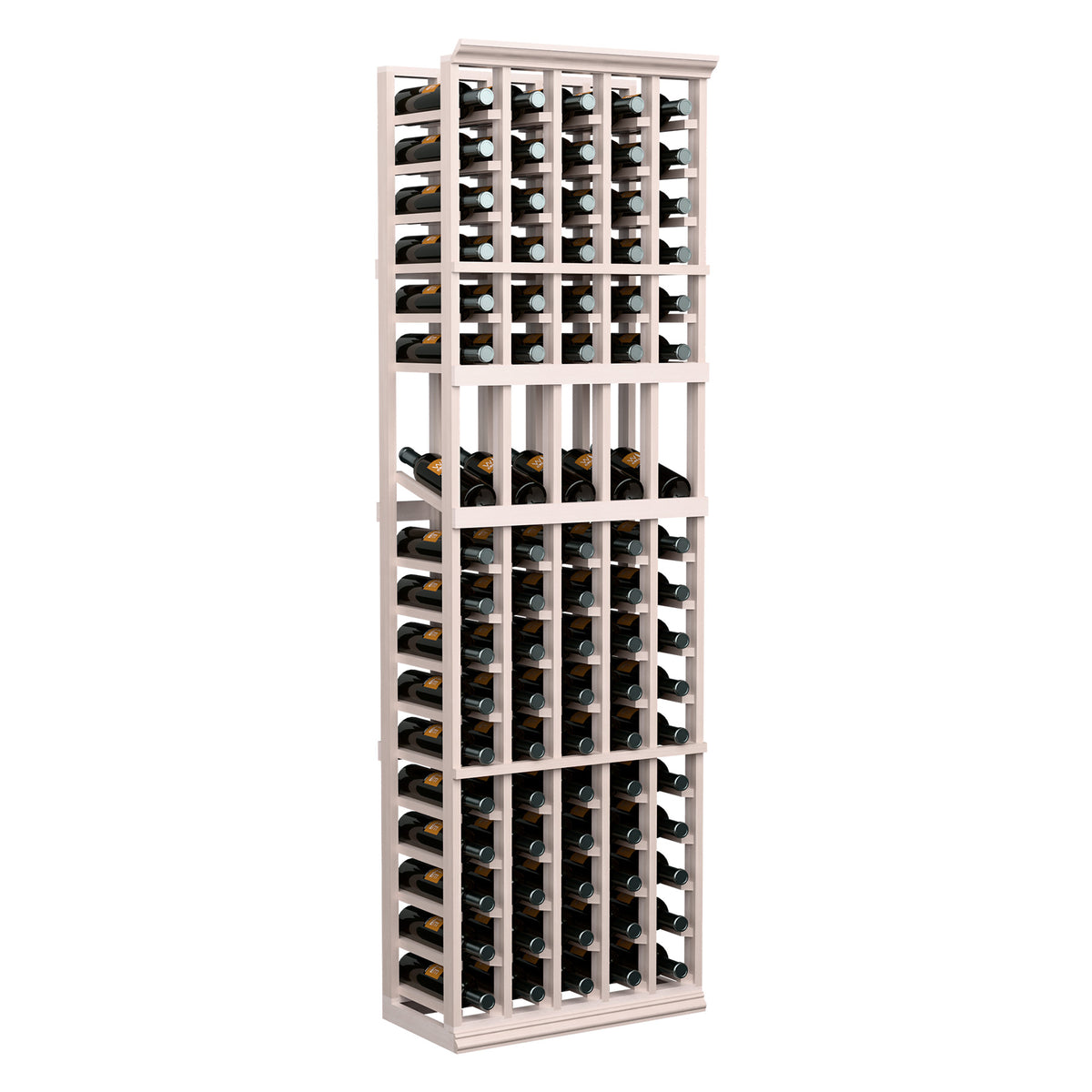 White 5-column wine bottle display rack, full height front view