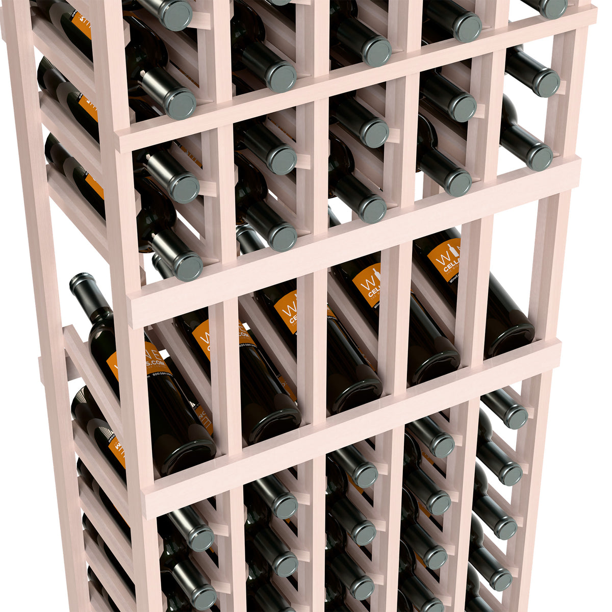 White 5-column wine bottle display rack, diagonal close-up of bottle rows