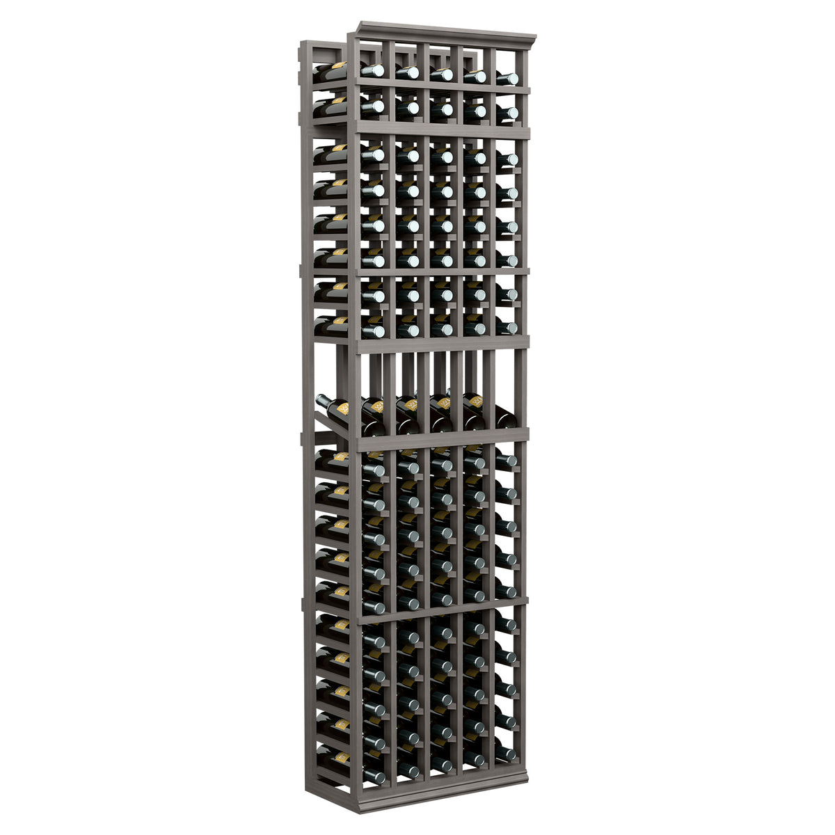 Tall dark wood 5-column wine bottle display rack with open lattice shelves