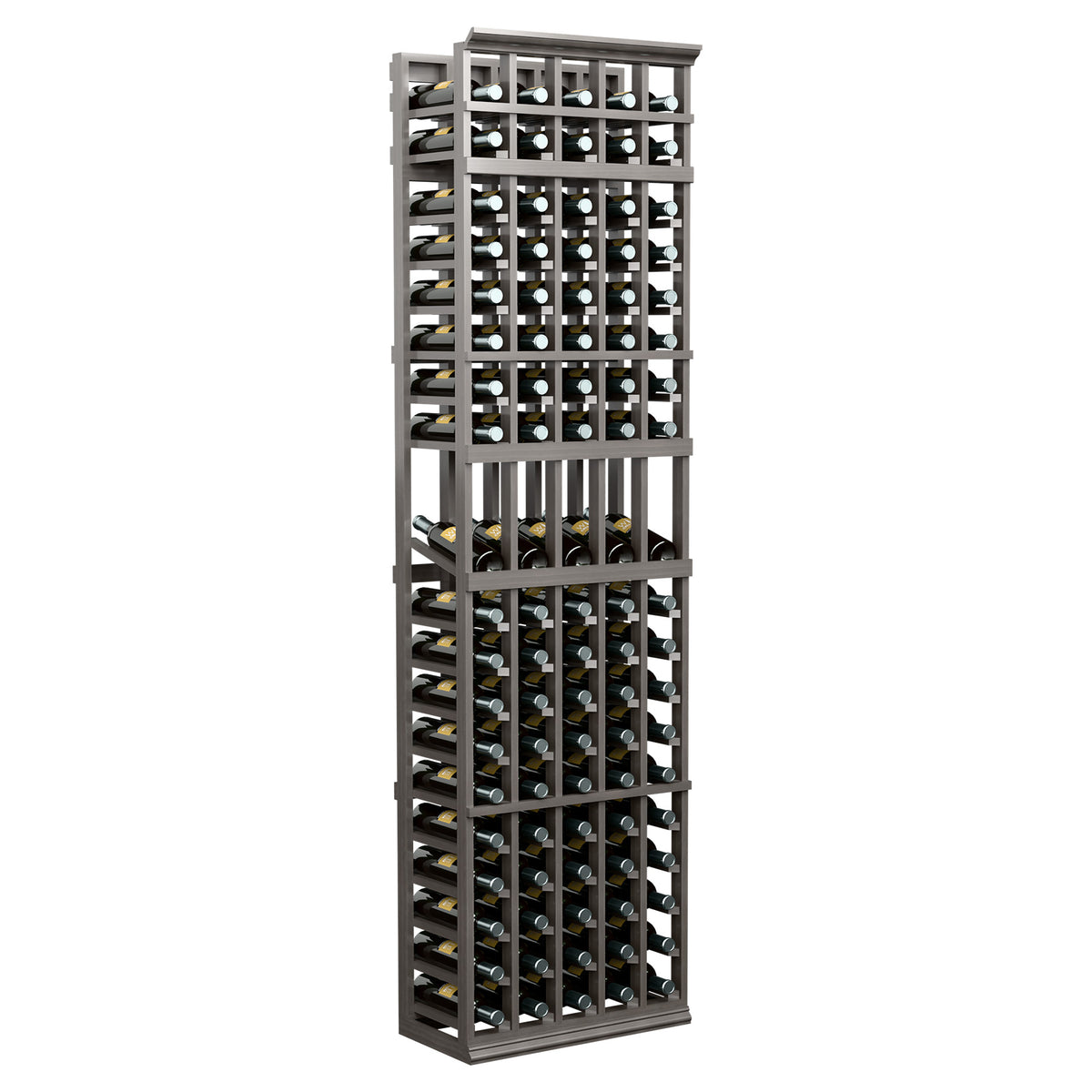 Tall dark wood 5-column wine bottle display rack with square grid bottle slots