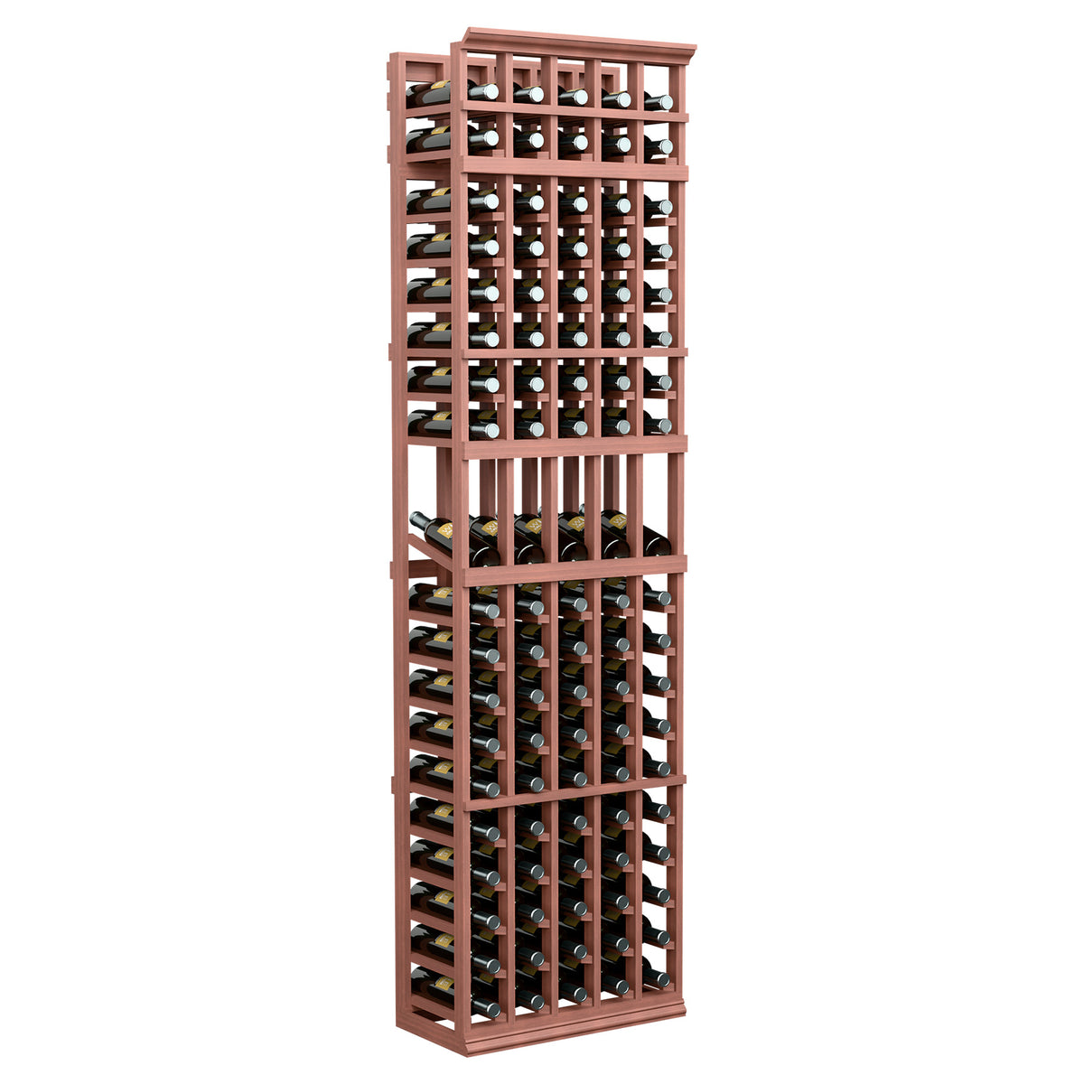 Tall red-brown 5-column wine bottle display rack with square bottle slots