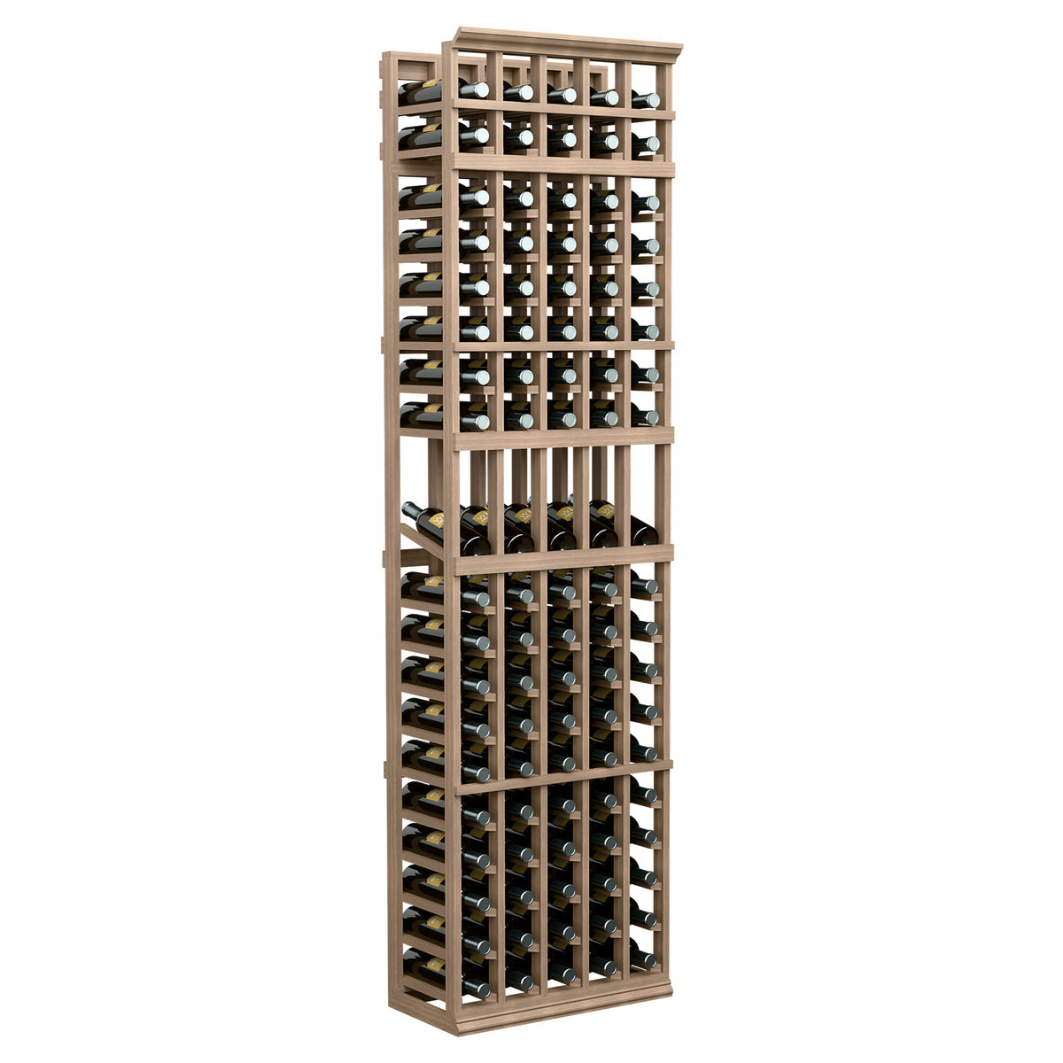 Tall medium brown 5-column wine bottle display rack with open lattice bottle holders