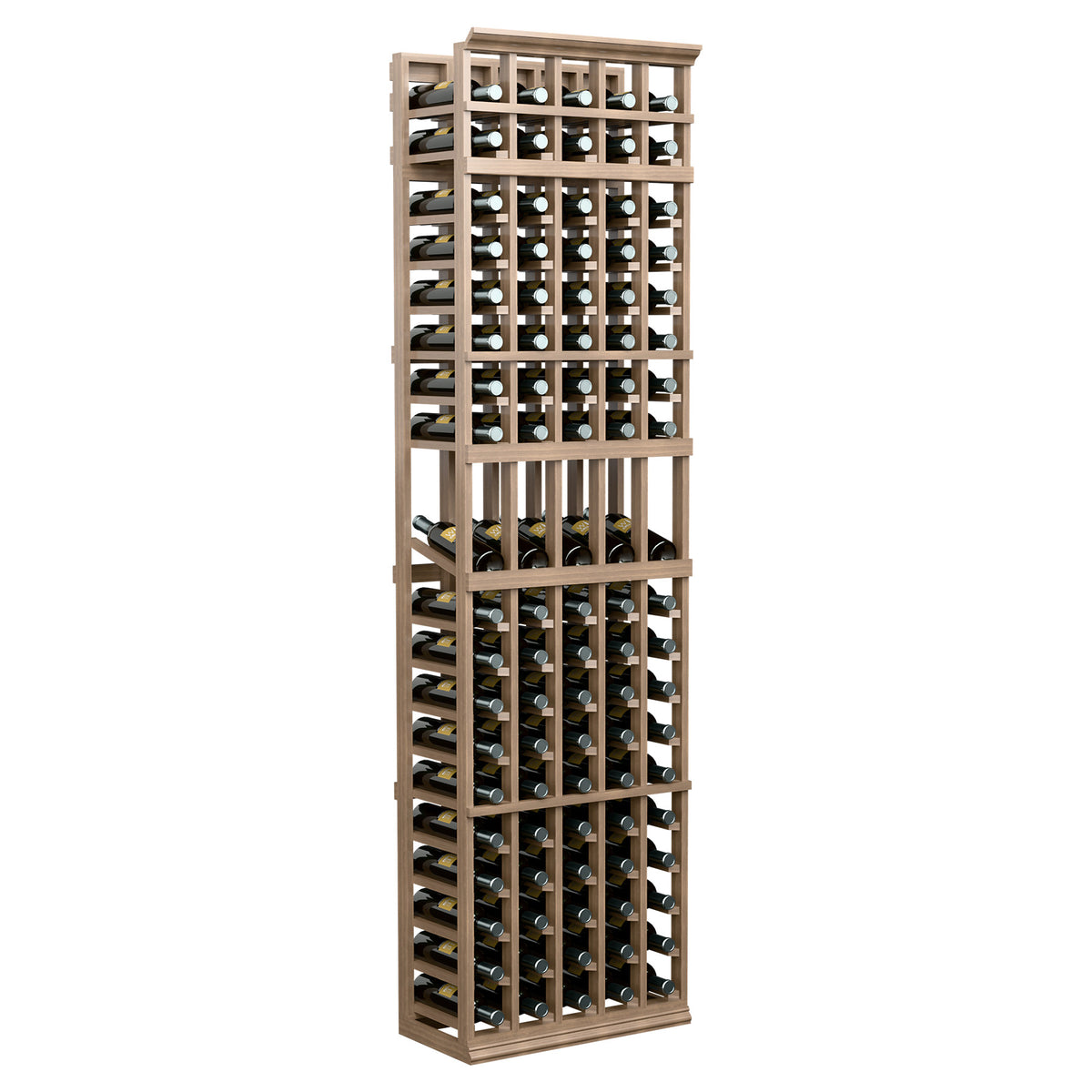 Tall medium brown 5-column wine bottle display rack, front grid of bottle slots