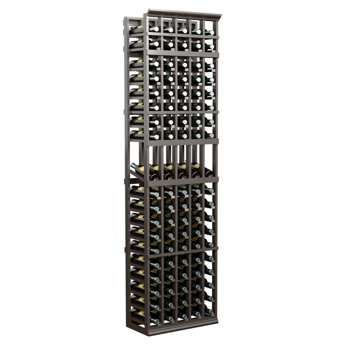 Tall dark 5-column wine bottle display rack with vertical bottle holders