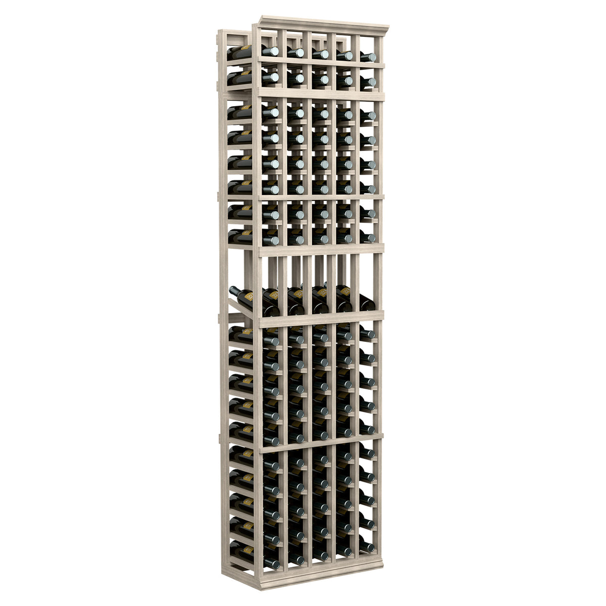 7 ft 5-column wine bottle display rack, light wood frame with black divider bars