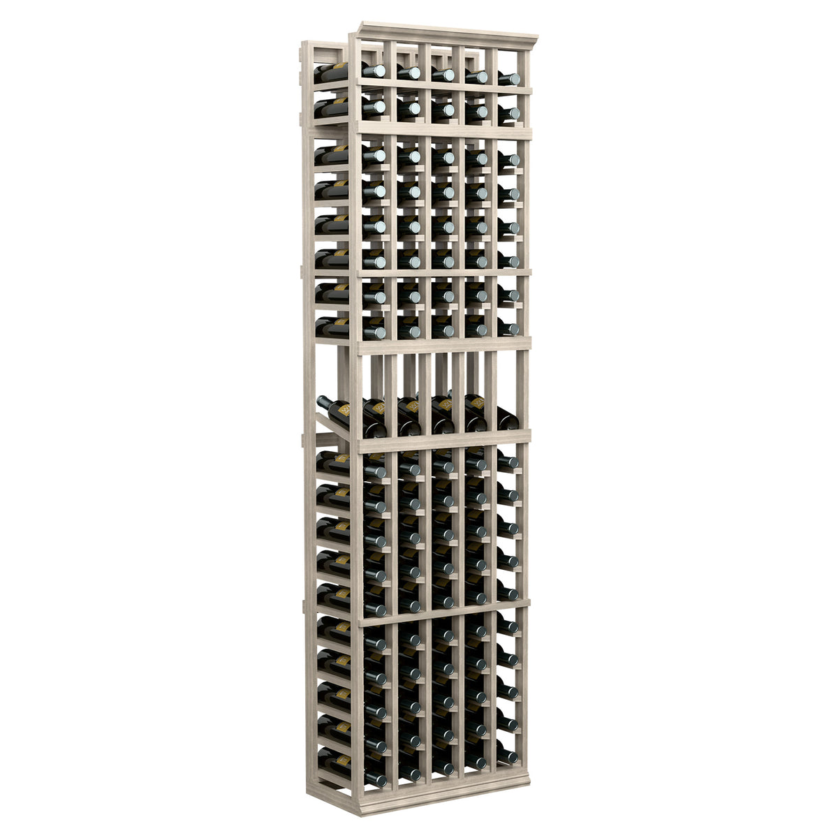 7 ft 5-column wine bottle display rack, light wood frame with black bottle slots