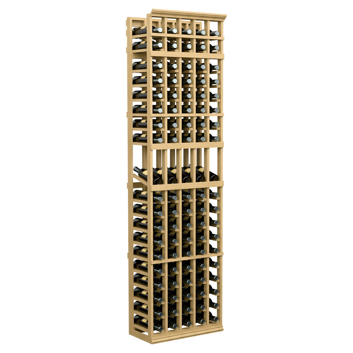 7 ft 5-column wine bottle display rack, natural wood frame with bottle compartments