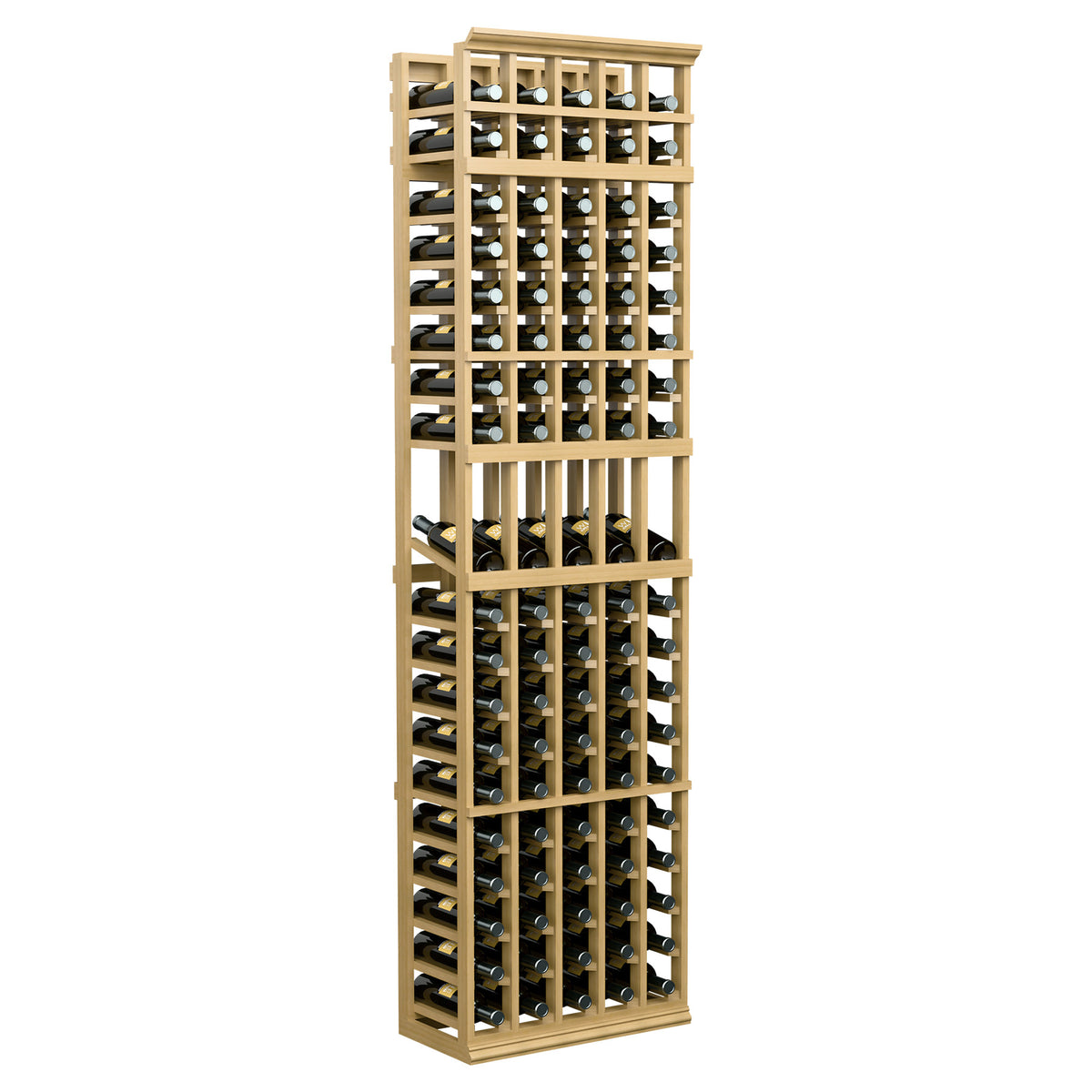7 ft 5-column wine bottle display rack, honey-toned wood frame and black dividers