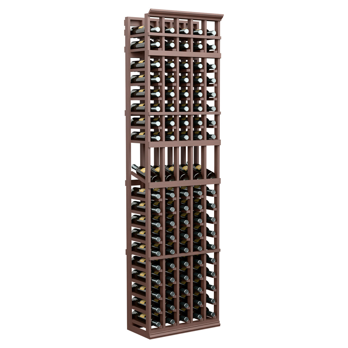 7 ft 5-column wine bottle display rack, dark brown frame with bottle storage slots