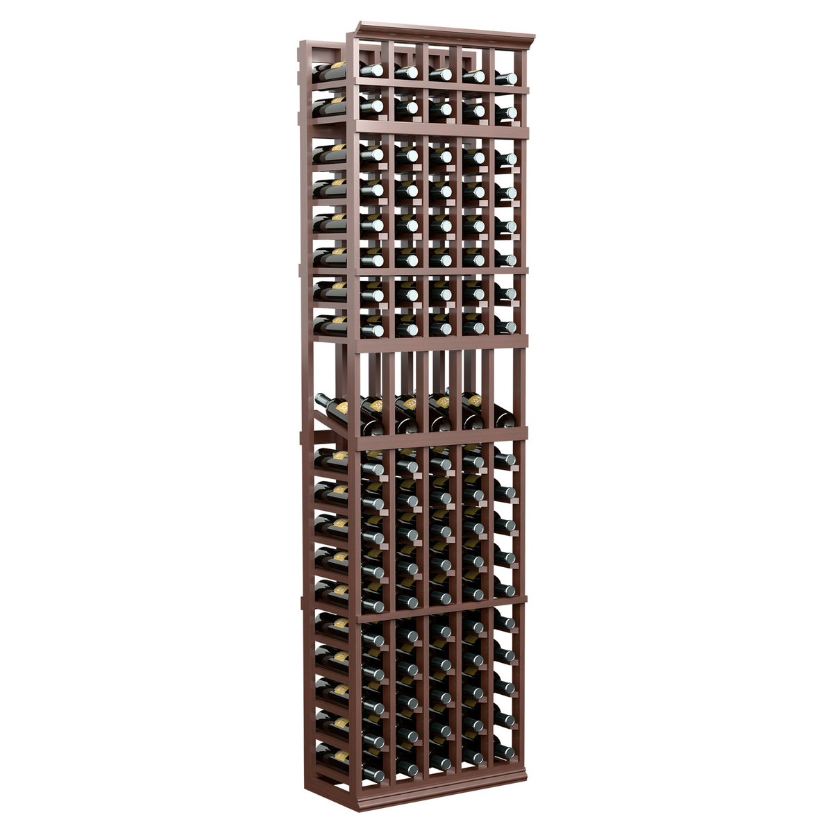 7 ft 5-column wine bottle display rack, deep brown frame and black divider bars