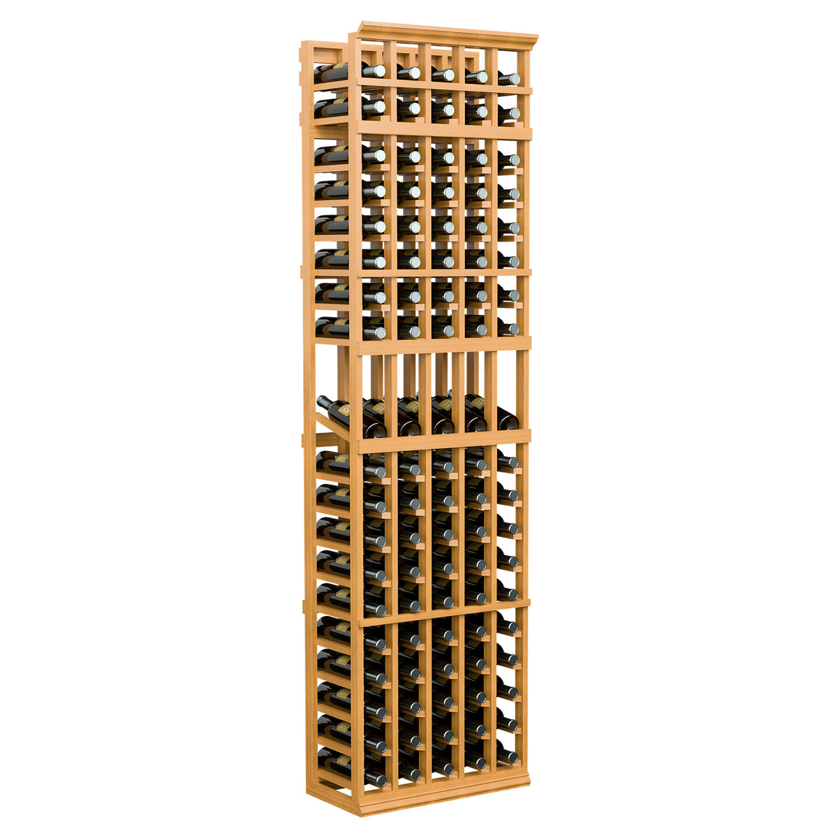 7 ft 5-column wine bottle display rack, warm wood frame with organized bottle compartments