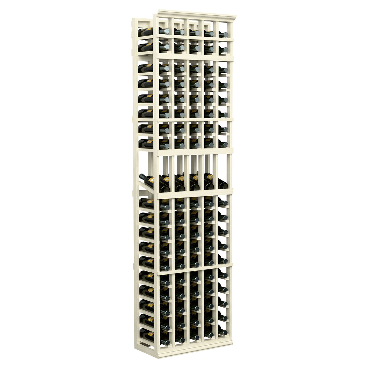 7 ft 5-column wine bottle display rack, white frame with bottle storage slots