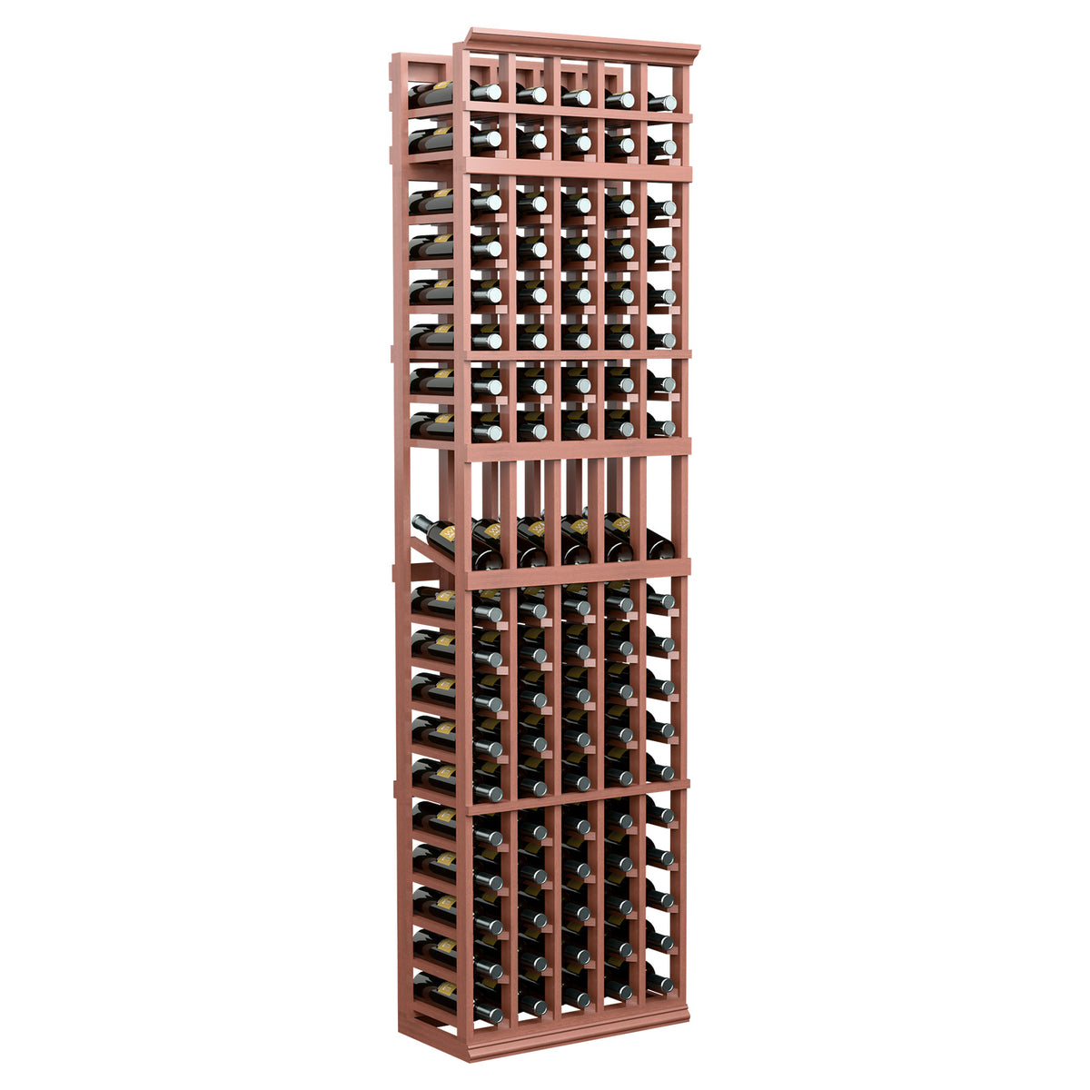 Warm brown 5-column wine bottle rack with stacked bottle compartments and ladder-style supports