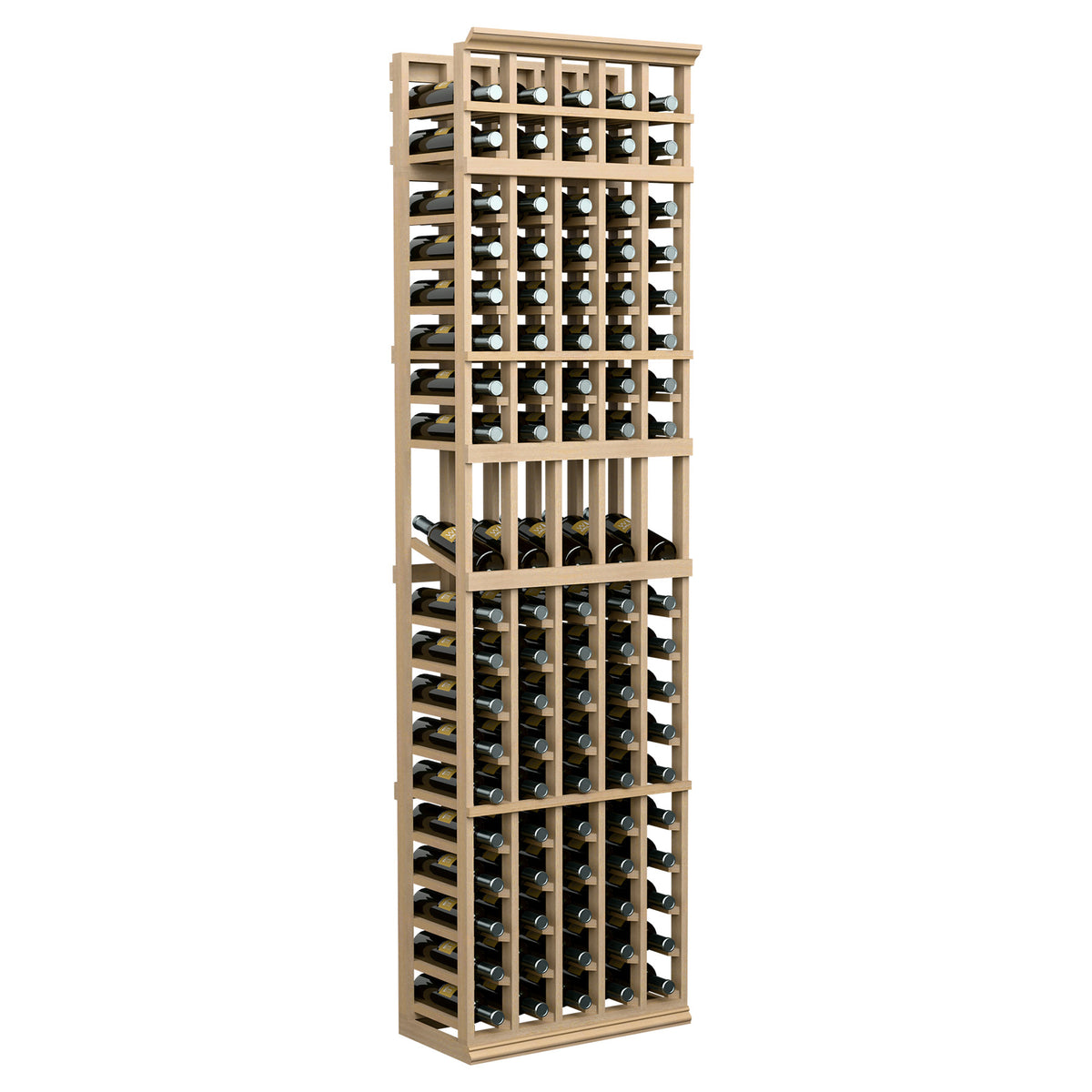 Light wood 5-column wine bottle display rack with multiple bottle rows and open slots
