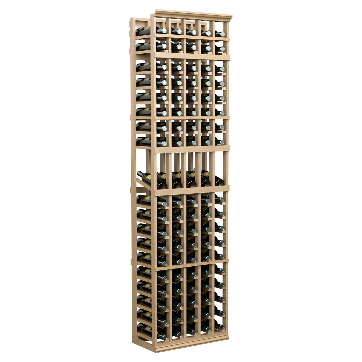 Natural wood 5-column wine rack with vertical bottle slots and horizontal support rails