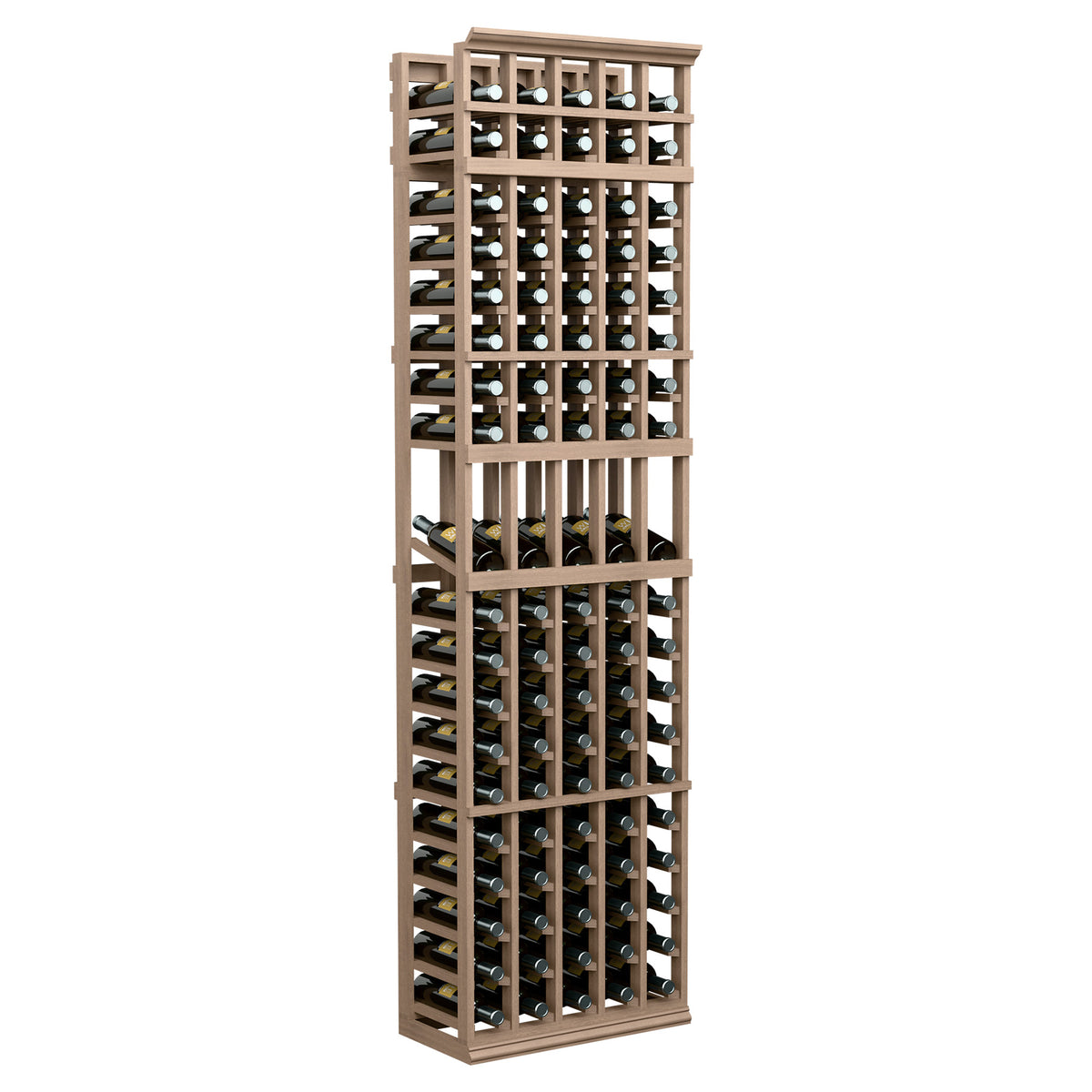 Light tan 5-column wine bottle display rack with grid framing and bottle compartments