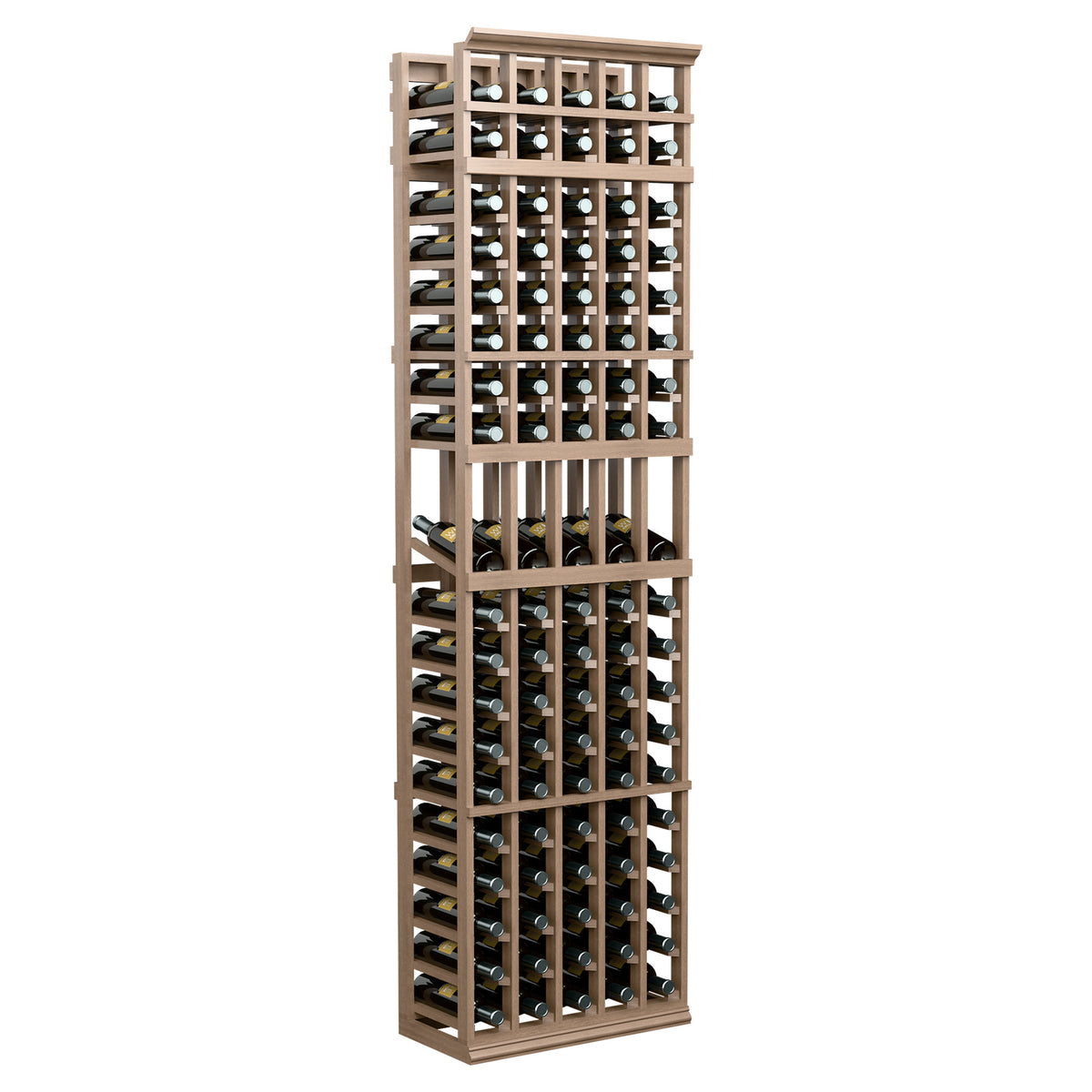 Beige wood 5-column wine bottle rack with vertical grid and multiple bottle rows