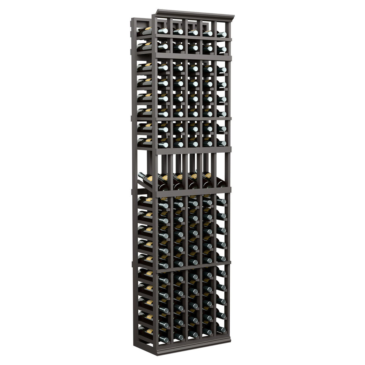 Charcoal 5-column wine bottle display rack with crisscross bottle storage openings