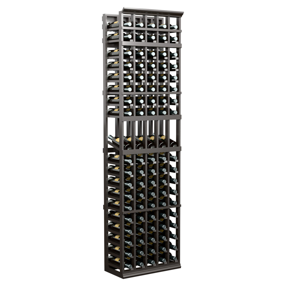 Dark gray 5-column wine bottle rack with stacked shelves and bottle slot framework