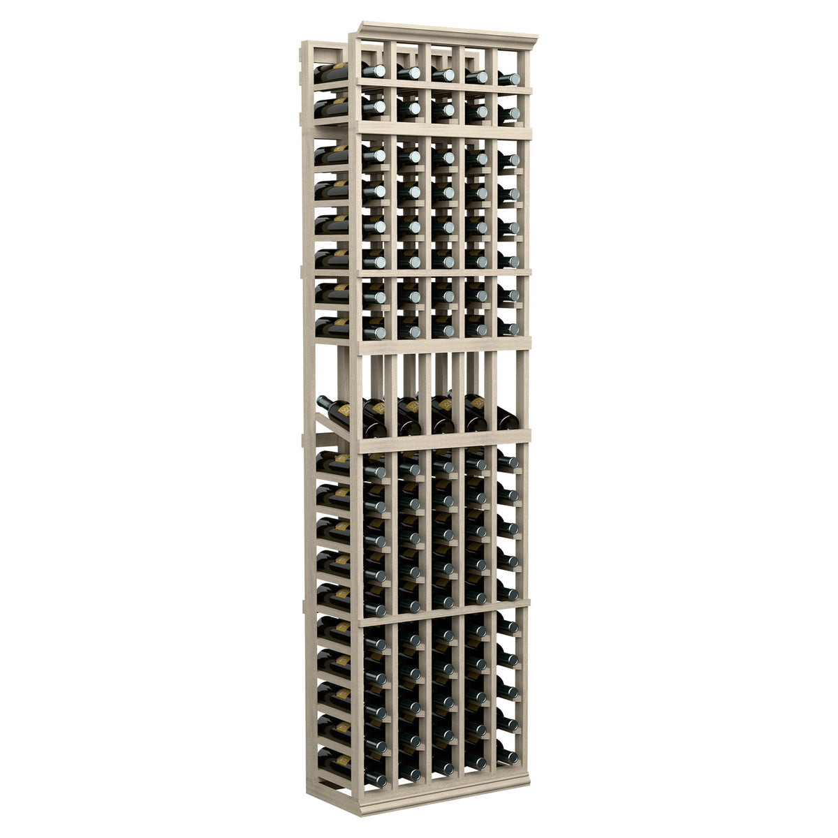 5-column 7ft wine bottle display rack with cream frame and black bottle holders