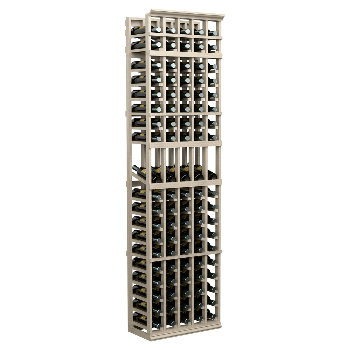 5-column 7ft wine bottle display rack with light cream frame and black cradles