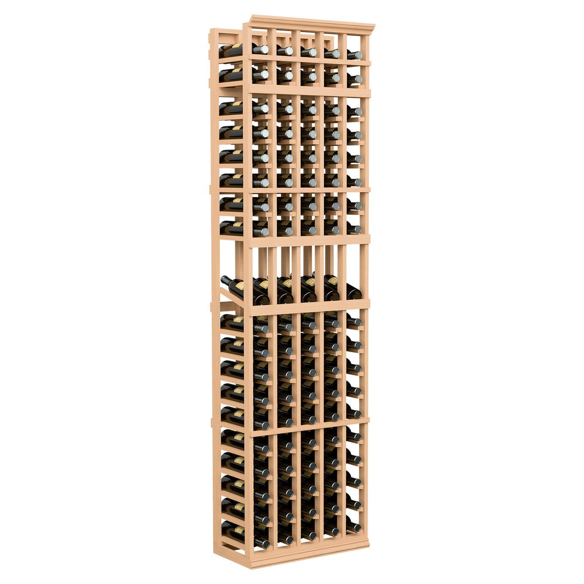 5-column 7ft wine bottle display rack with light wood frame and black bottle cradles
