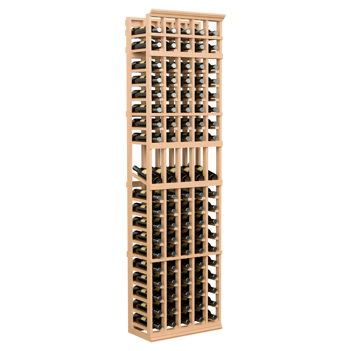 5-column 7ft wine bottle display rack in natural light wood with black bottle holders