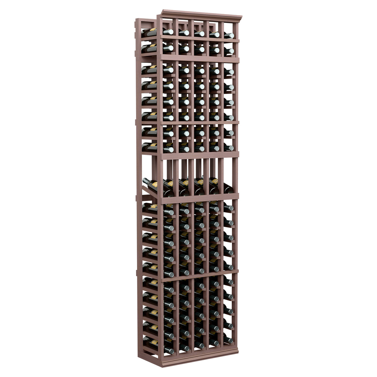 5-column 7ft wine bottle display rack with dark brown frame and black bottle holders