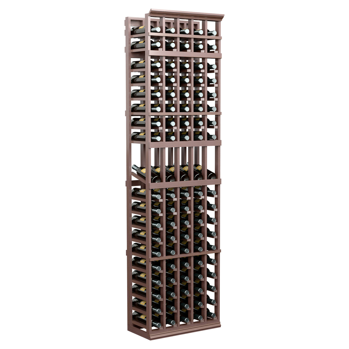 5-column 7ft wine bottle display rack with espresso-brown frame and black cradles